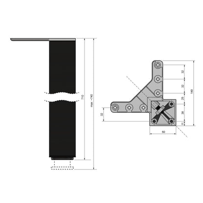 Pata de mueble cuadrada de 710 mm, negra, placa de montaje de ZnAl (4) – Furnica