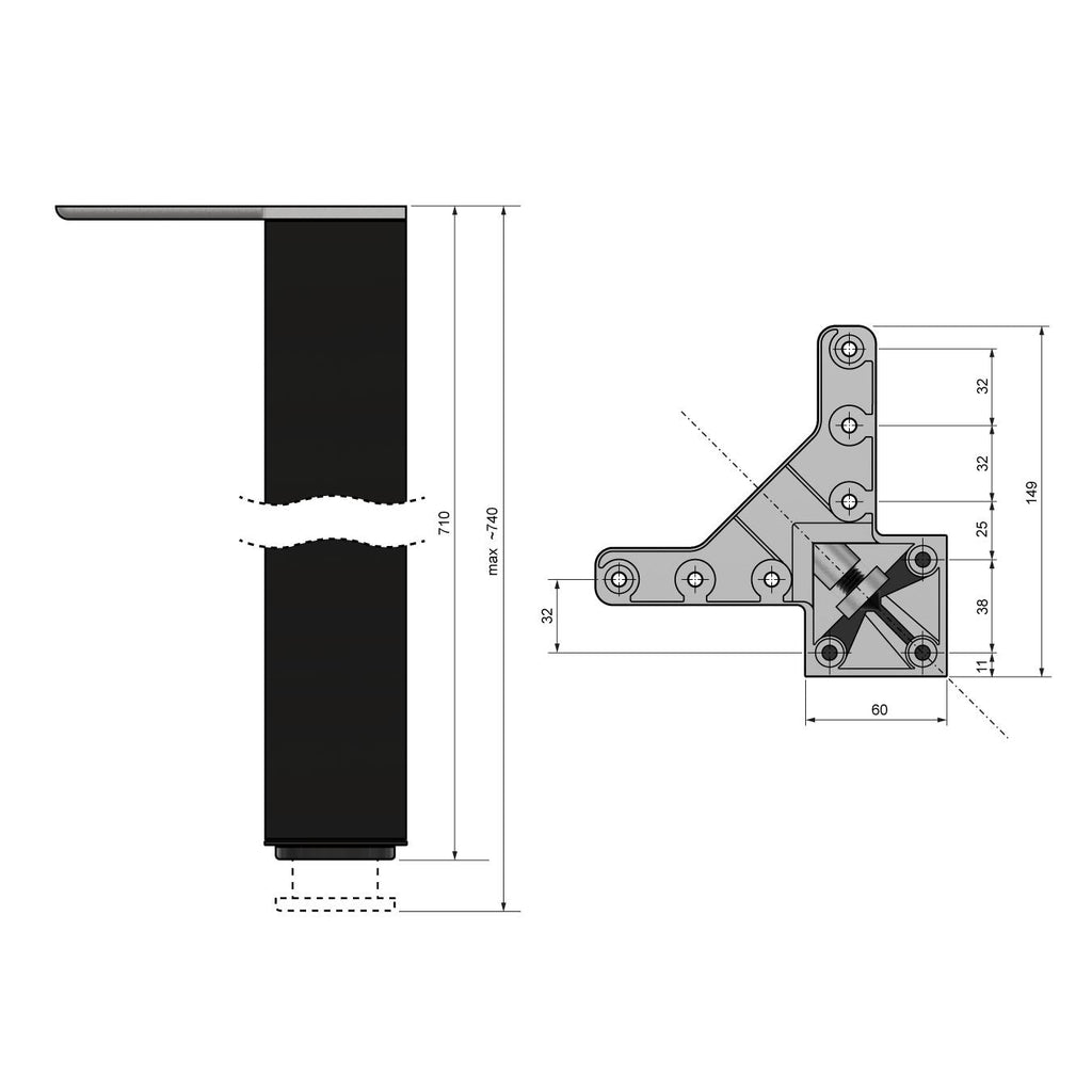 Pata de mueble cuadrada de 710 mm, negra, placa de montaje de ZnAl