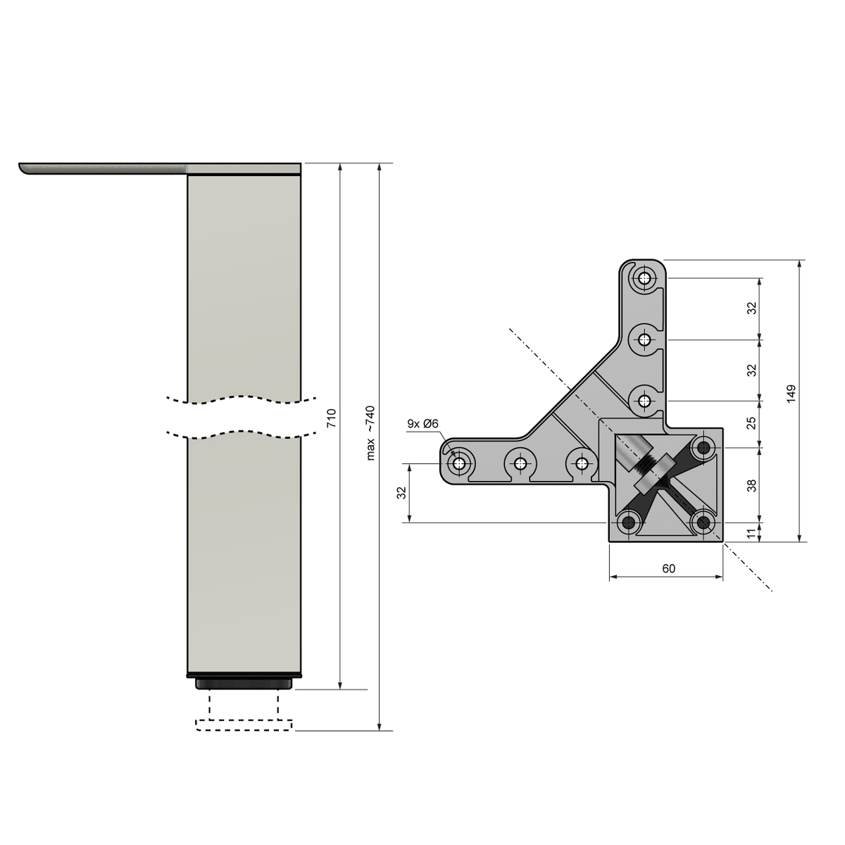 Pata de mueble cuadrada de 710 mm, cromada, placa de montaje de ZnAl (4) – Furnica