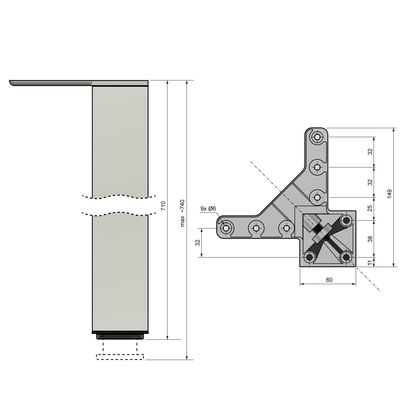 Pata de mueble cuadrada de 710 mm, cromada, placa de montaje de ZnAl (4) – Furnica