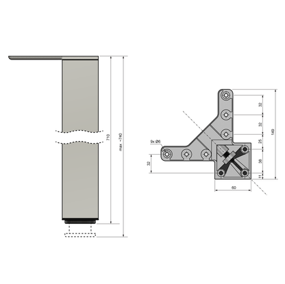 Pata de mueble cuadrada de 710 mm, satinada, placa de montaje de ZnAl (4) – Furnica