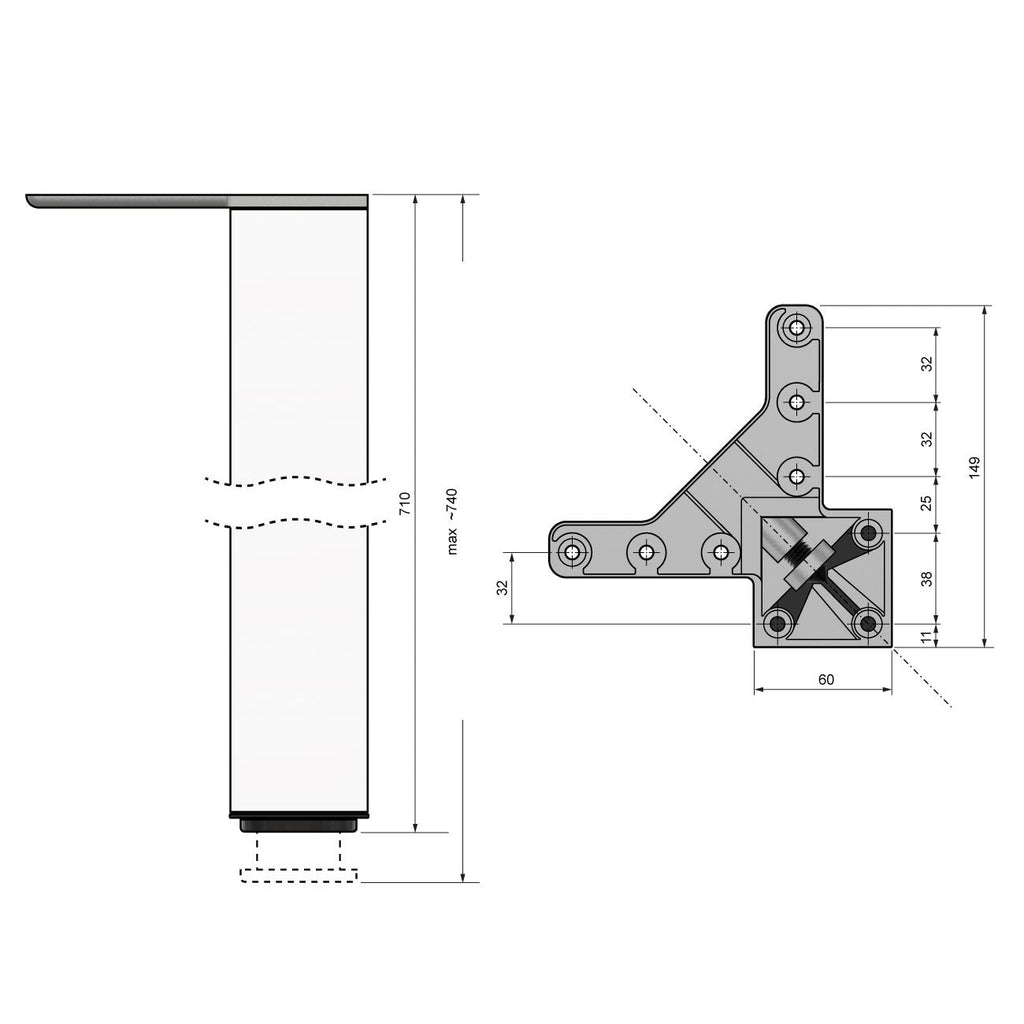 Pata de mueble cuadrada de 710 mm, blanca, placa de montaje de ZnAl