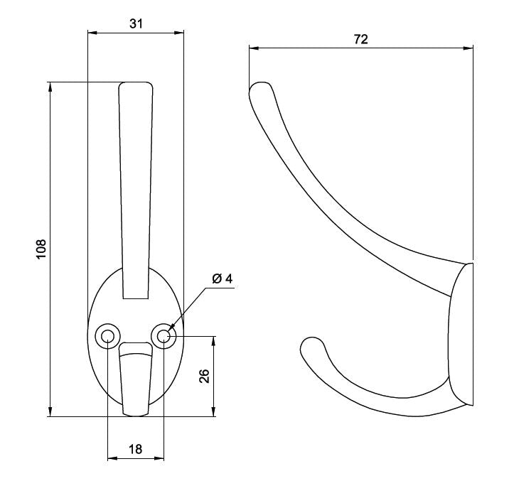 Doble gancho para sombrero y abrigo - 108 mm - Plata