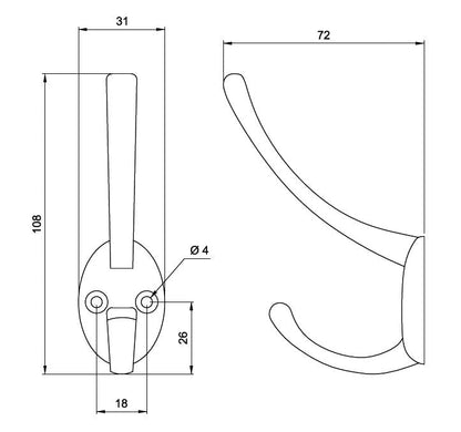 Doble gancho para sombrero y abrigo - 108 mm - Plata